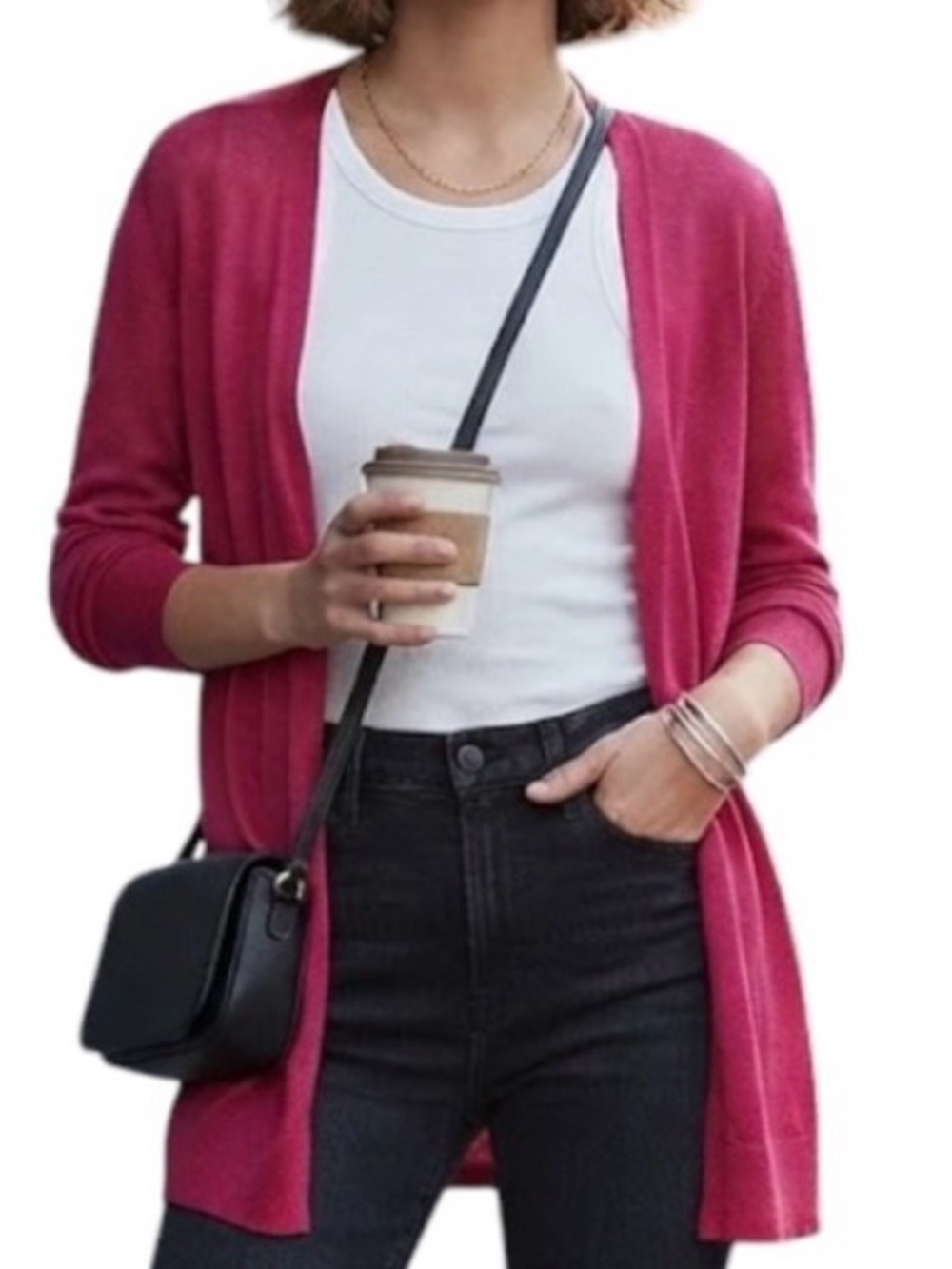 H&M Semi Sheer Open Front Knit Cardigan Sweater Pink Red Size S